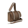 Signature Messenger bag by Alexandra Koumba in taupe leather and silver chain, cross body, side view