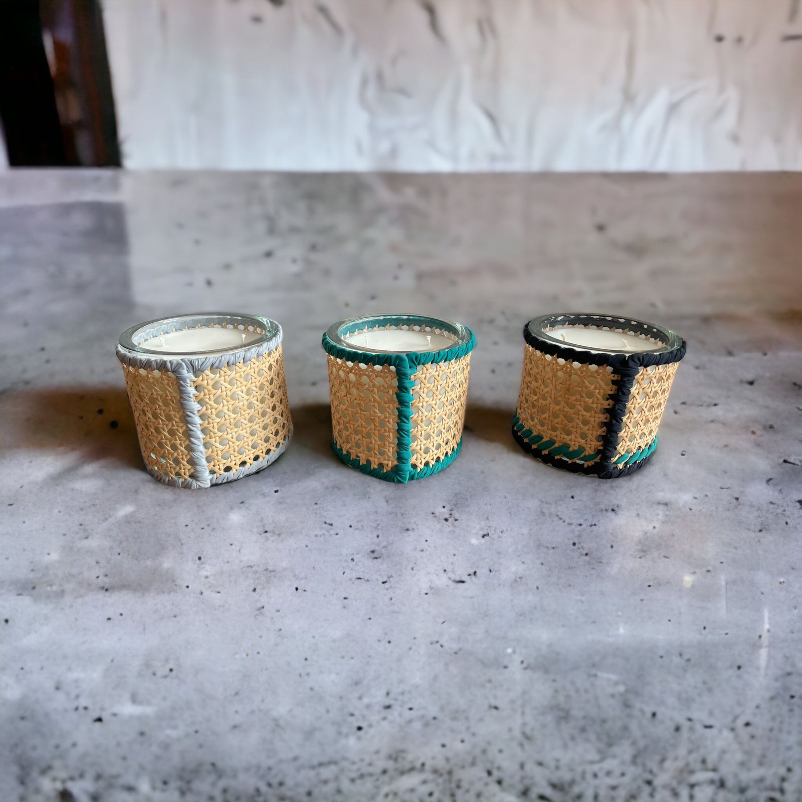 wicker candles designed by Alexandra Koumba