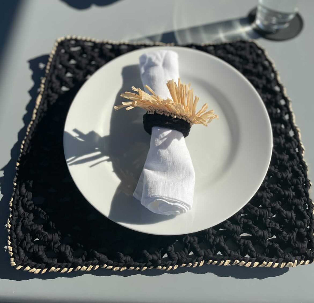 Raffia Square table set for 4 people designed by alexandra koumba