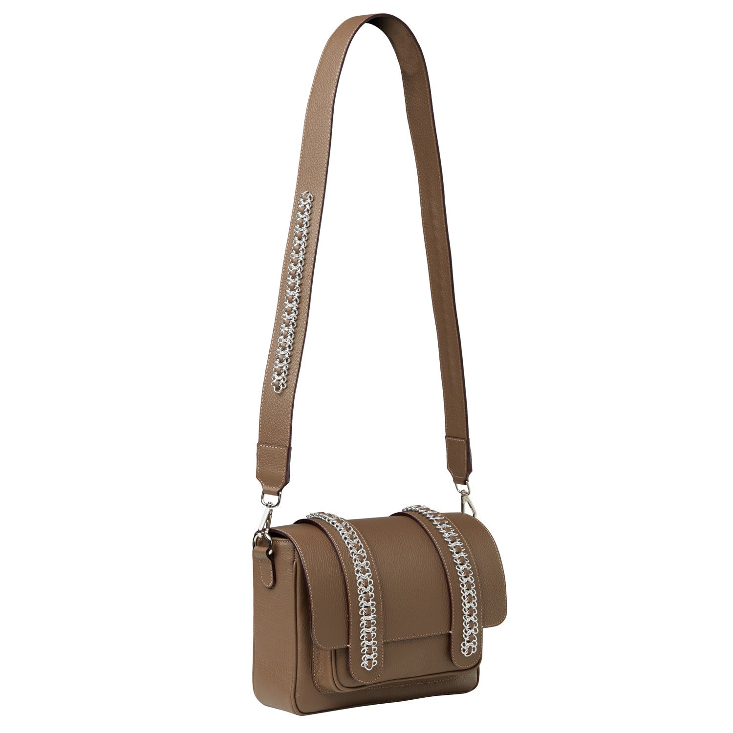 Signature Messenger bag by Alexandra Koumba in taupe leather and silver chain, cross body, full strap view