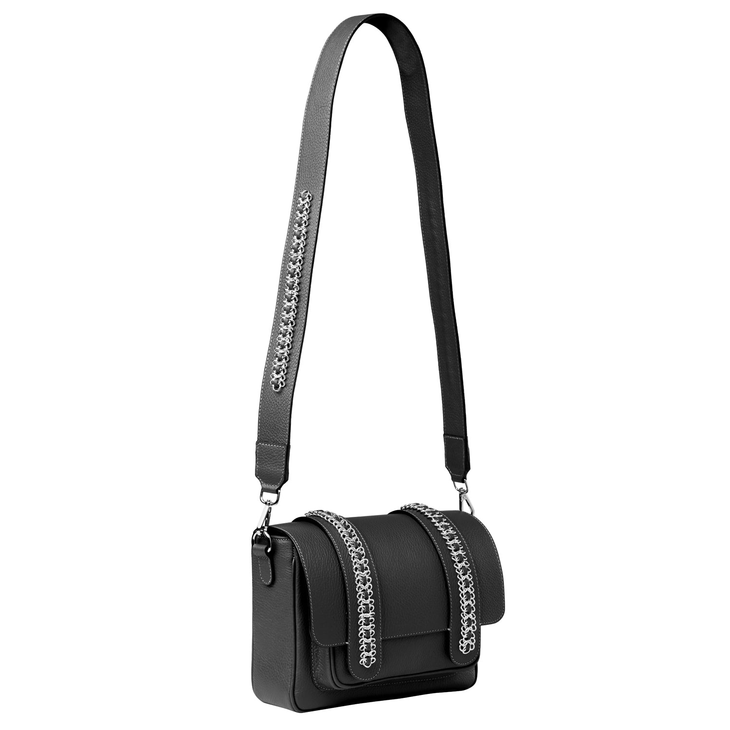 Signature Messenger bag by Alexandra Koumba in black leather and silver chain, cross body, full strap view