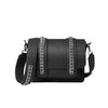 Signature Messenger bag by Alexandra Koumba in black leather and silver chain, cross body, front view