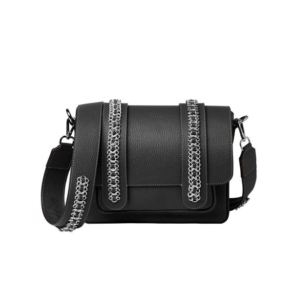 Signature Messenger bag by Alexandra Koumba in black leather and silver chain, cross body, size view