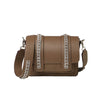 Signature Messenger bag by Alexandra Koumba in taupe leather and silver chain, cross body, front view