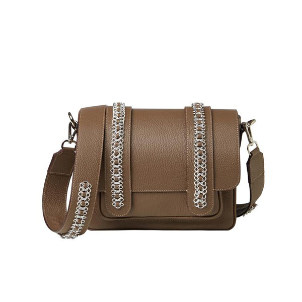 Signature Messenger bag by Alexandra Koumba in taupe leather and silver chain, cross body, front view