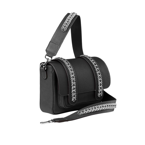 Signature Messenger bag by Alexandra Koumba in black leather and silver chain, cross body, size view